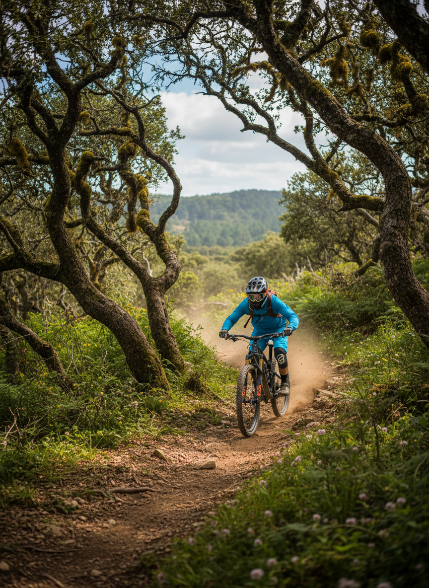 ciclista in discesa su un sentiero nel bosco, paesaggio avventuroso, dinamico, in stile realistico