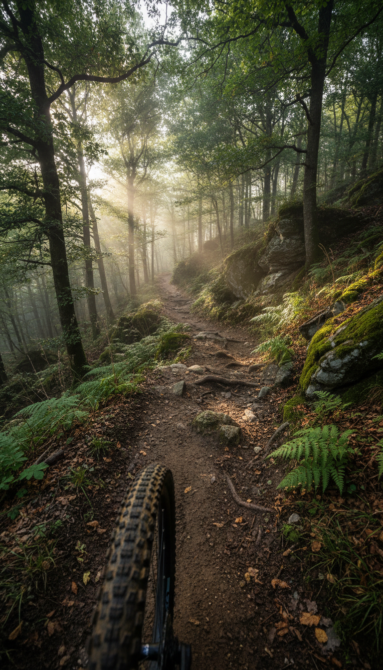 A dramatic singletrack trail winds through a dense chestnut and oak forest. Steep, undulating terrain is lined with exposed roots and mossy rocks. In the foreground, a set of freshly knobby MTB tires leaves a crisp tread mark in damp soil. Shafts of diffused, misty morning light filter down, illuminating sparkling droplets on leaves and highlighting the rugged contours of the trail. The overall mood is atmospheric and exhilarating, capturing the challenge and excitement of advanced trail riding in the Roero and Langa region. Framed from a rider's perspective with dynamic depth, the photographic realism immerses viewers in the thrill of expert-level mountain biking.