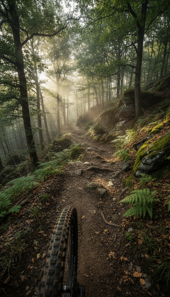 A dramatic singletrack trail winds through a dense chestnut and oak forest. Steep, undulating terrain is lined with exposed roots and mossy rocks. In the foreground, a set of freshly knobby MTB tires leaves a crisp tread mark in damp soil. Shafts of diffused, misty morning light filter down, illuminating sparkling droplets on leaves and highlighting the rugged contours of the trail. The overall mood is atmospheric and exhilarating, capturing the challenge and excitement of advanced trail riding in the Roero and Langa region. Framed from a rider's perspective with dynamic depth, the photographic realism immerses viewers in the thrill of expert-level mountain biking.