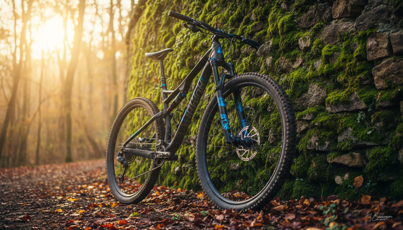 A rugged, high-performance mountain bike with matte black and electric blue detailing stands propped against a weathered stone wall draped in emerald-green moss. The ground is a mix of compacted earth and scattered autumn leaves, hinting at a forest's edge. Golden hour sunlight pours through the branches, creating radiant beams and dappling the bike and wall with intricate patterns of light and shadow. The mood is adventurous and invigorating, evoking the thrill of exploration. Captured from a low, three-quarter angle to emphasize the bike's geometry and robust tires, the image balances sharp foreground details with a softly blurred woodland backdrop. The style is photographic realism with vivid, natural colors, perfectly reflecting a premium outdoor cycling experience in the Roero and Langa hills.