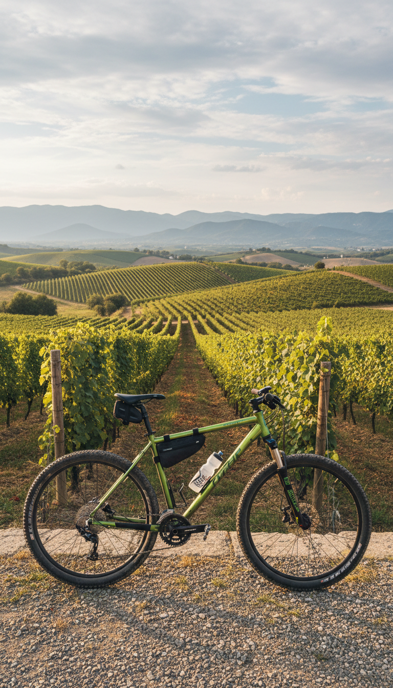 A picturesque vineyard slope stretches across rolling hills, punctuated by neat rows of lush, leafy grapevines in late summer. Resting at the edge of a scenic overlook is a gleaming metallic green hardtail mountain bike, its frame catching soft, warm sunlight that enhances the rich earthy tones of the land. Gentle clouds diffuse the light, creating a harmonious, calm atmosphere. The composition uses rule of thirds, with the bike in the foreground and the expanse of vineyards fading into distant hazy mountains. The photographic realism and vibrant colors capture the unique appeal of cicloturismo in wine country, inviting viewers to imagine a day spent touring and tasting local vintages.