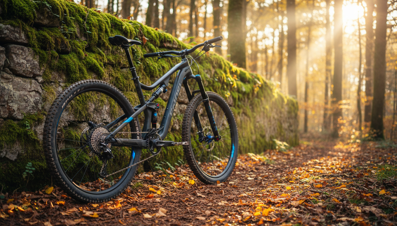 A rugged, high-performance mountain bike with matte black and electric blue detailing stands propped against a weathered stone wall draped in emerald-green moss. The ground is a mix of compacted earth and scattered autumn leaves, hinting at a forest's edge. Golden hour sunlight pours through the branches, creating radiant beams and dappling the bike and wall with intricate patterns of light and shadow. The mood is adventurous and invigorating, evoking the thrill of exploration. Captured from a low, three-quarter angle to emphasize the bike's geometry and robust tires, the image balances sharp foreground details with a softly blurred woodland backdrop. The style is photographic realism with vivid, natural colors, perfectly reflecting a premium outdoor cycling experience in the Roero and Langa hills.