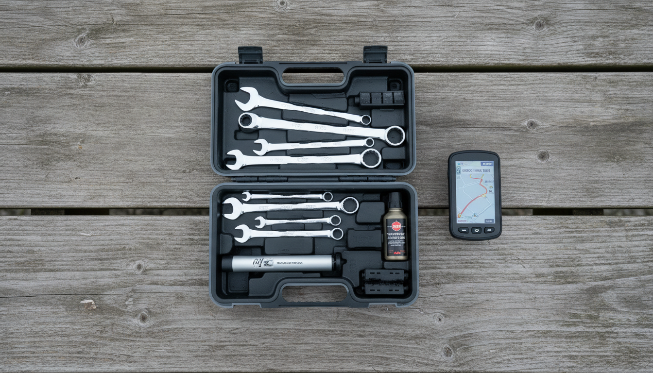 A top-view composition of a meticulously arranged MTB toolkit: precision wrenches, a compact tire pump, chain oil, and spare brake pads, all organized within a sleek, graphite-gray portable case on a weathered wooden picnic table. Nearby, a GPS cycling computer with the route for the Roero wine tour displayed on its screen adds a touch of modernity. Cool, diffused daylight from a partly cloudy sky ensures minimal reflections, highlighting clean lines and metallic textures. The mood is practical and purposeful, with clean, modern photographic realism emphasizing readiness and professionalism for guided cycling and private lessons.