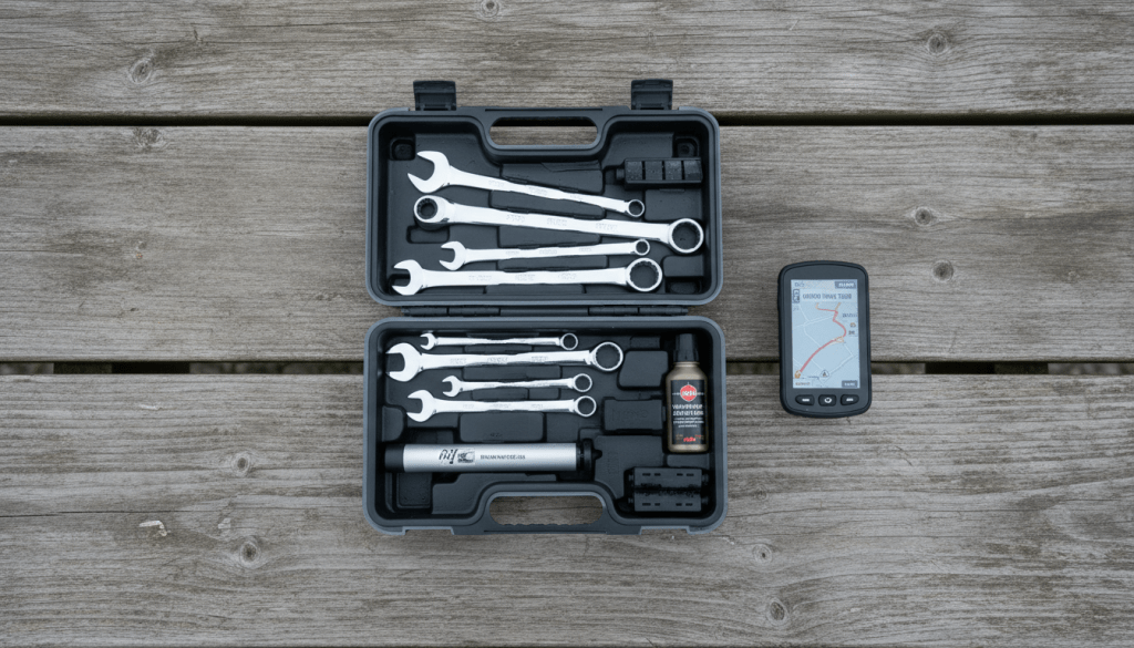 A top-view composition of a meticulously arranged MTB toolkit: precision wrenches, a compact tire pump, chain oil, and spare brake pads, all organized within a sleek, graphite-gray portable case on a weathered wooden picnic table. Nearby, a GPS cycling computer with the route for the Roero wine tour displayed on its screen adds a touch of modernity. Cool, diffused daylight from a partly cloudy sky ensures minimal reflections, highlighting clean lines and metallic textures. The mood is practical and purposeful, with clean, modern photographic realism emphasizing readiness and professionalism for guided cycling and private lessons.