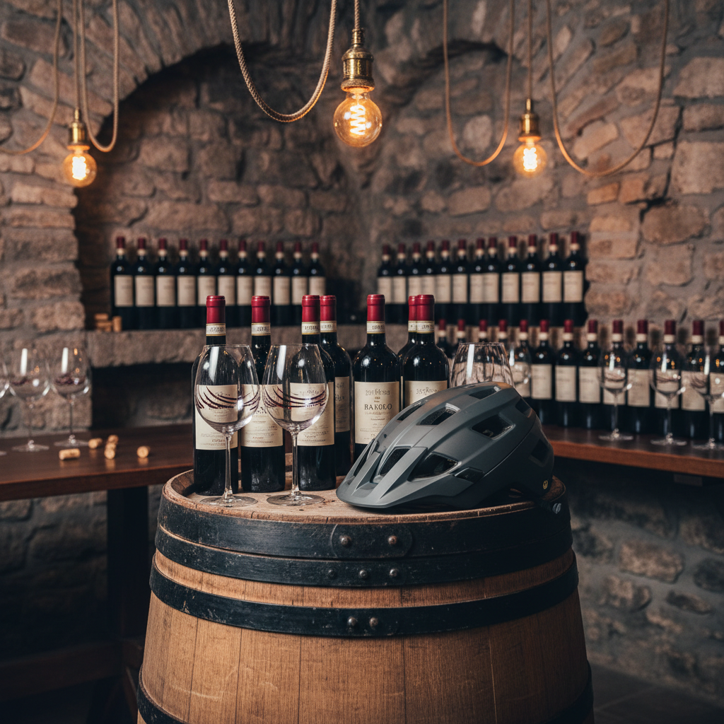 A rustic wooden wine barrel positioned in a cool, stone-walled cantina, its surface lightly dusted and surrounded by neatly arranged bottles of deep red Barolo and sparkling glasses with subtle reflections. Beside the barrel, a sleek mountain bike helmet in matte graphite adds a contemporary contrast to the classic setting. Soft ambient lighting from overhead Edison bulbs casts golden highlights and rich, gentle shadows, accentuating the textures of wood, glass, and stone. The atmosphere is sophisticated and inviting, perfect for wine tasting after a tour. Photographed at eye level with a balanced, centered composition and sharp focus, this image embodies a seamless blend of tradition and modern cycling adventure.